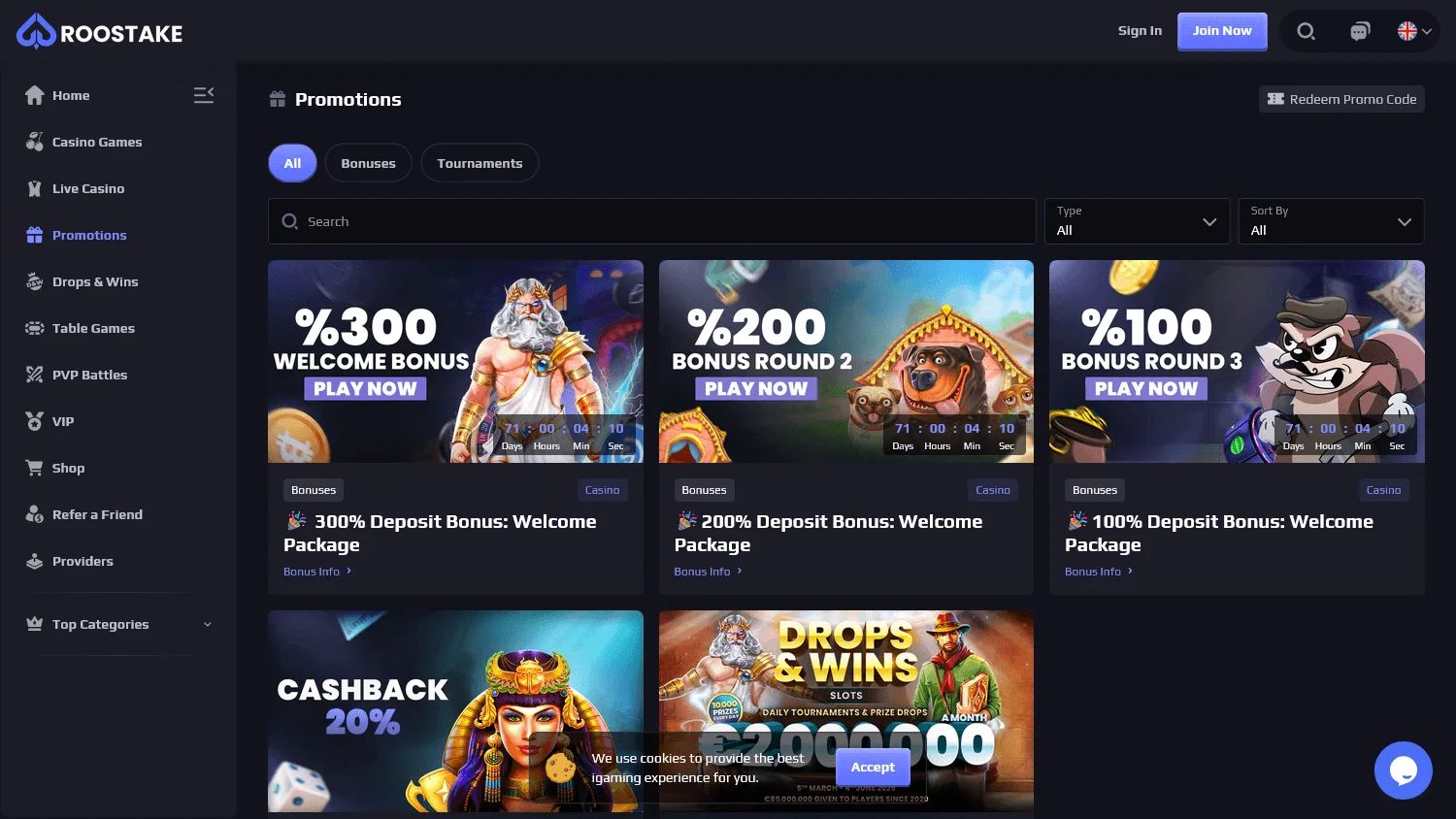 Roostake Casino desktop promotions area