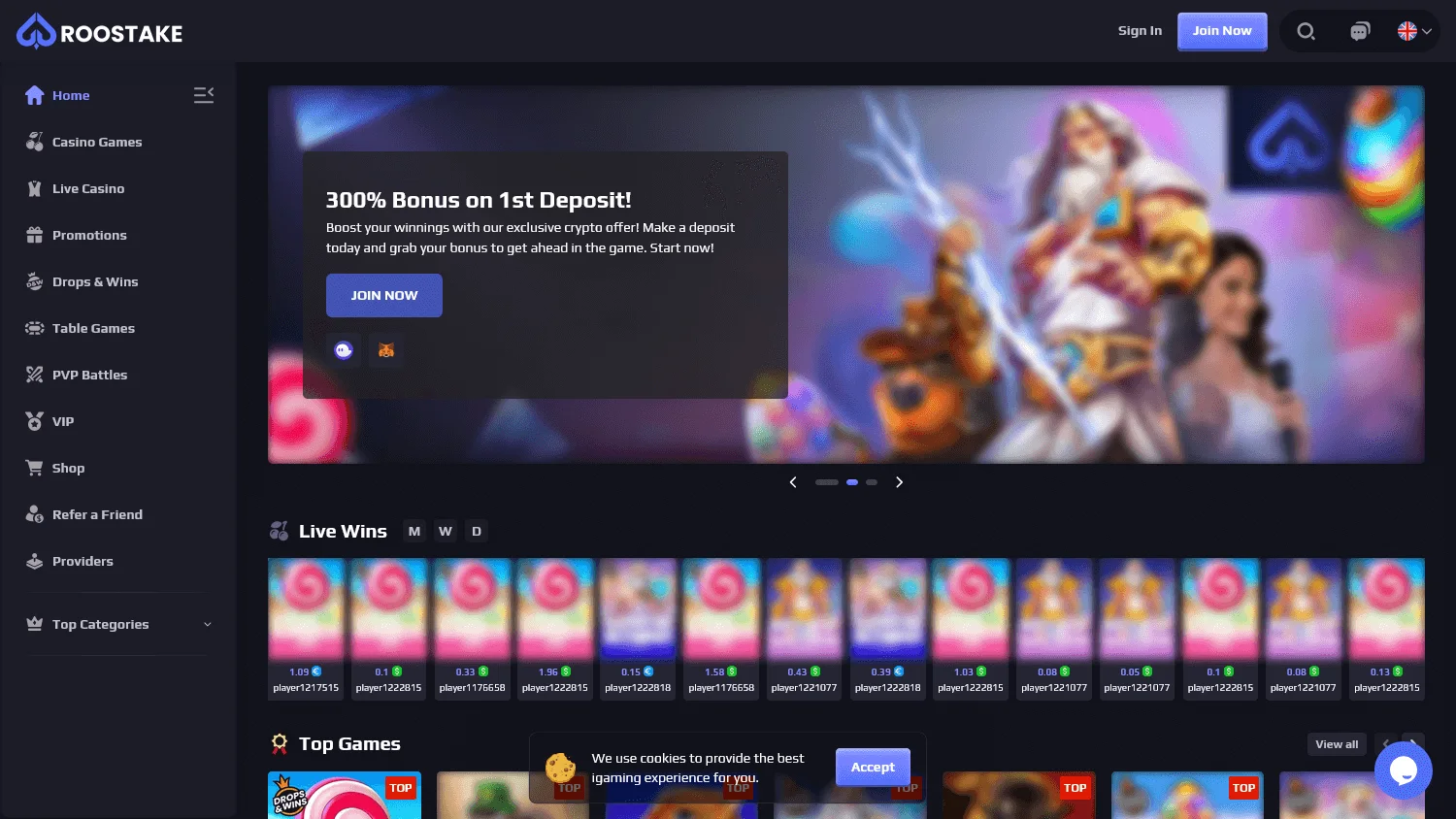 Roostake Casino desktop home page